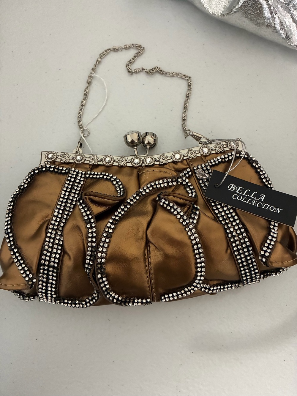 Metallic Bronze Evening Clutch with Crystal Trim